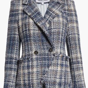 Veronica Beard Theron plaid tweed jacket- Textured Blue and Cream Blazer